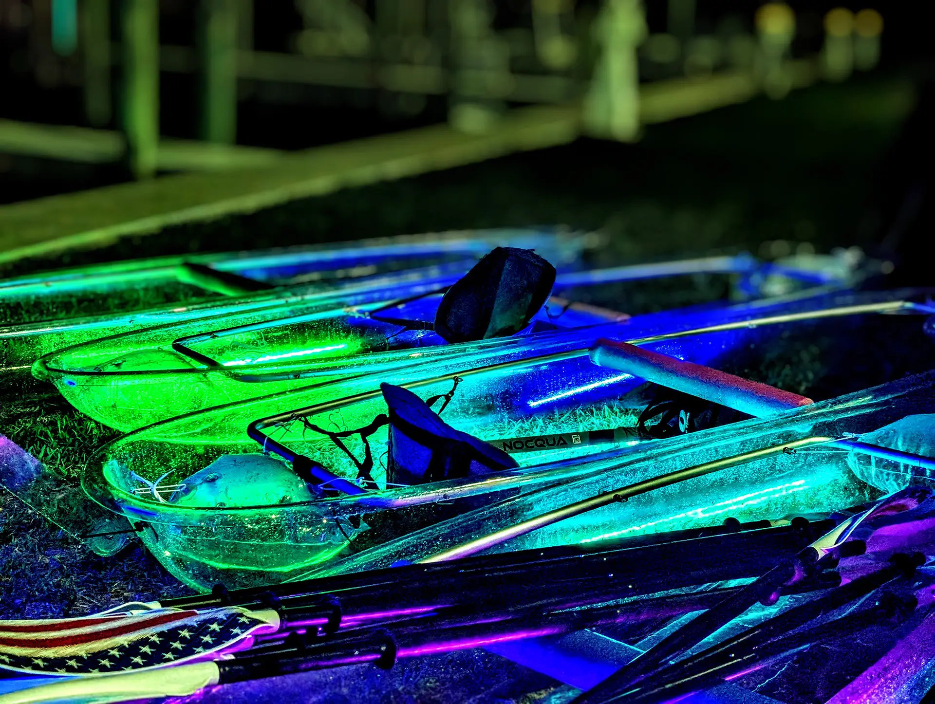 led-light-kayaks-on-dock-gloflo-kayaking-toursjpg - Chadillac Adventures